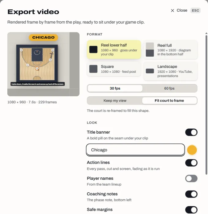 Der Dialog «Export video» mit seinen vier Formaten: Reel untere Hälfte, Reel voll, Quadrat und Querformat.