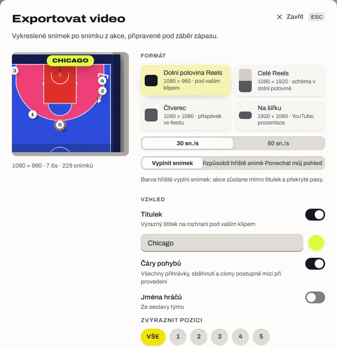 Dialog exportu videa se čtyřmi formáty: dolní polovina reels, celé reels, čtverec a na šířku.