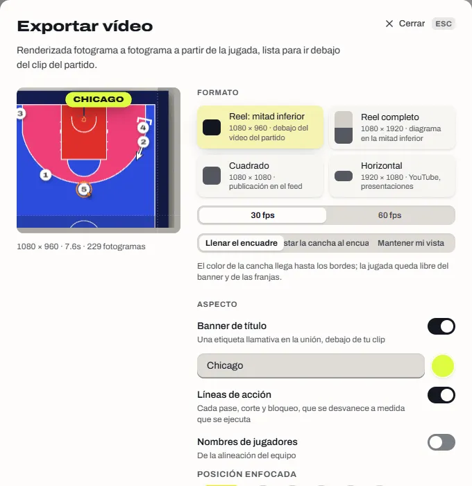 El cuadro de diálogo Exportar vídeo con sus cuatro formatos: mitad inferior del reel, reel completo, cuadrado y horizontal.