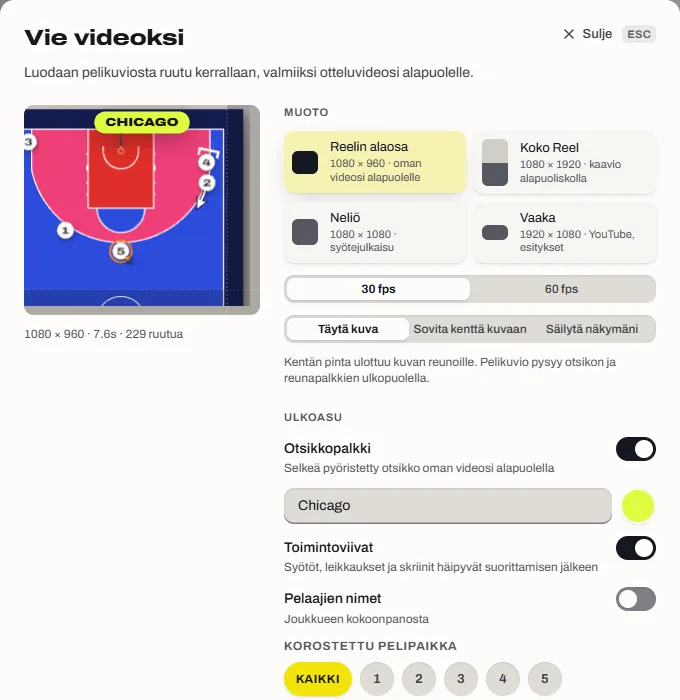 Videoviennin ikkuna, jossa neljä muotoa: pystyvideon alaosa, koko pystyvideo, neliö ja vaaka.