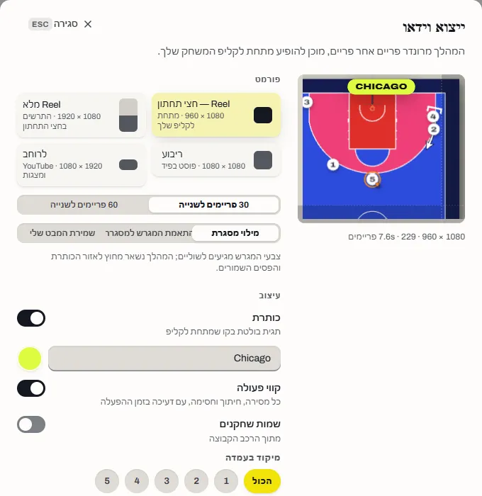 חלון ייצוא וידאו עם ארבעה פורמטים: חצי ריל תחתון, ריל מלא, ריבוע ולרוחב.