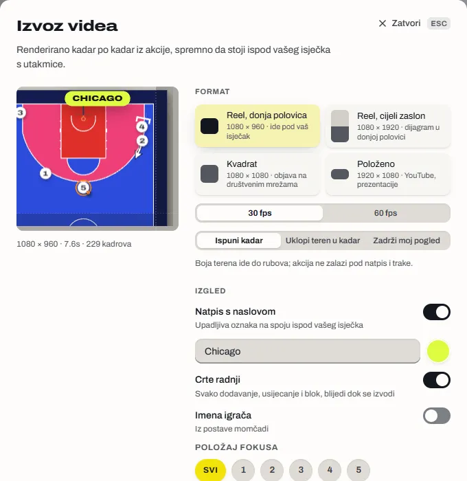 Dijalog Izvoz videa s četiri formata: donja polovica reela, cijeli reel, kvadrat i pejzaž.