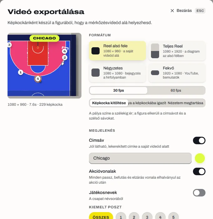 Videóexport-ablak négy formátummal: reels alsó fele, teljes reels, négyzet és fekvő.