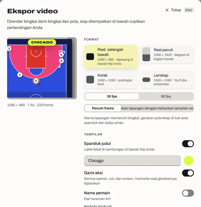 Dialog Ekspor video dengan empat formatnya: setengah bawah reel, reel penuh, persegi, dan lanskap.