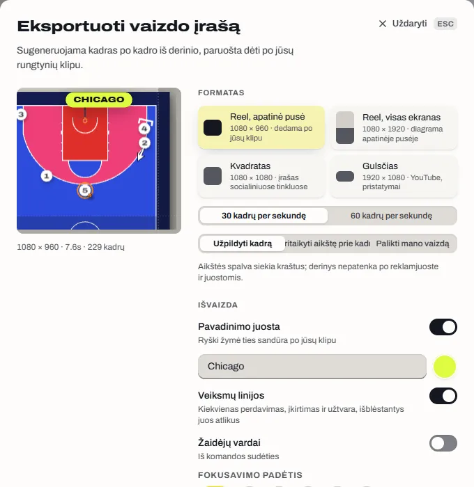 Vaizdo įrašo eksportavimo langas su keturiais formatais: apatinė reel pusė, visas reel, kvadratas ir gulsčias.