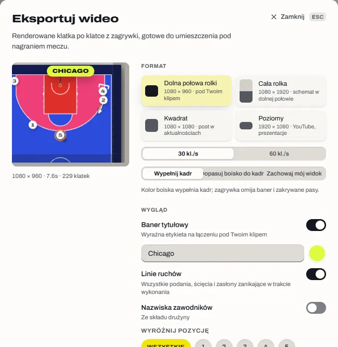 Okno eksportu filmu z czterema formatami: dolna połowa rolki, pełna rolka, kwadrat i poziomy.