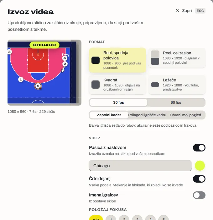 Pogovorno okno Izvoz videa s štirimi formati: spodnja polovica reela, cel reel, kvadrat in ležeče.