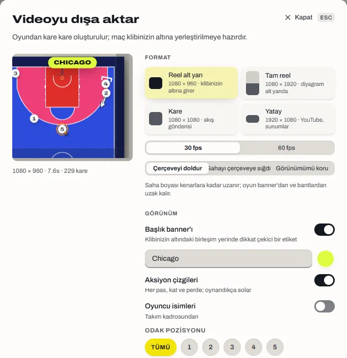 Dört formatıyla Videoyu dışa aktar penceresi: reel alt yarısı, tam reel, kare ve yatay.