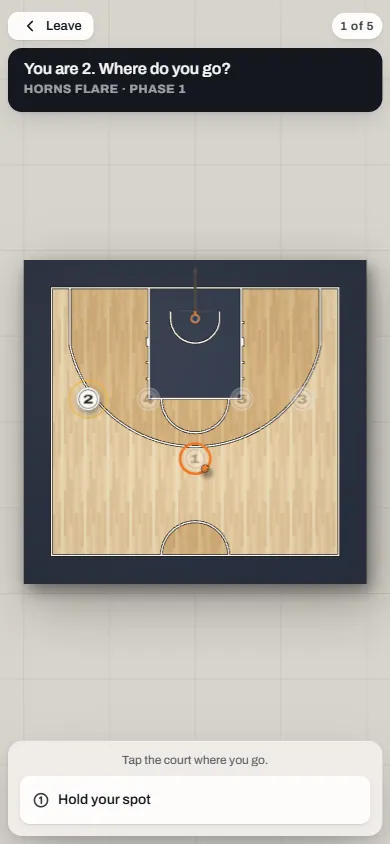 A quiz question on a phone: “You are 2. Where do you go?” over the court.